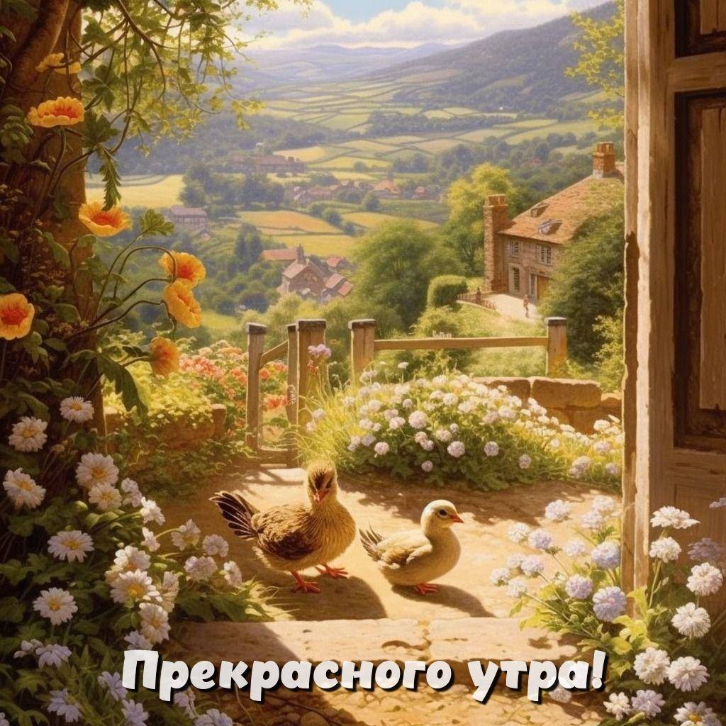 Живописная сельская сцена с двумя утятами и цветами