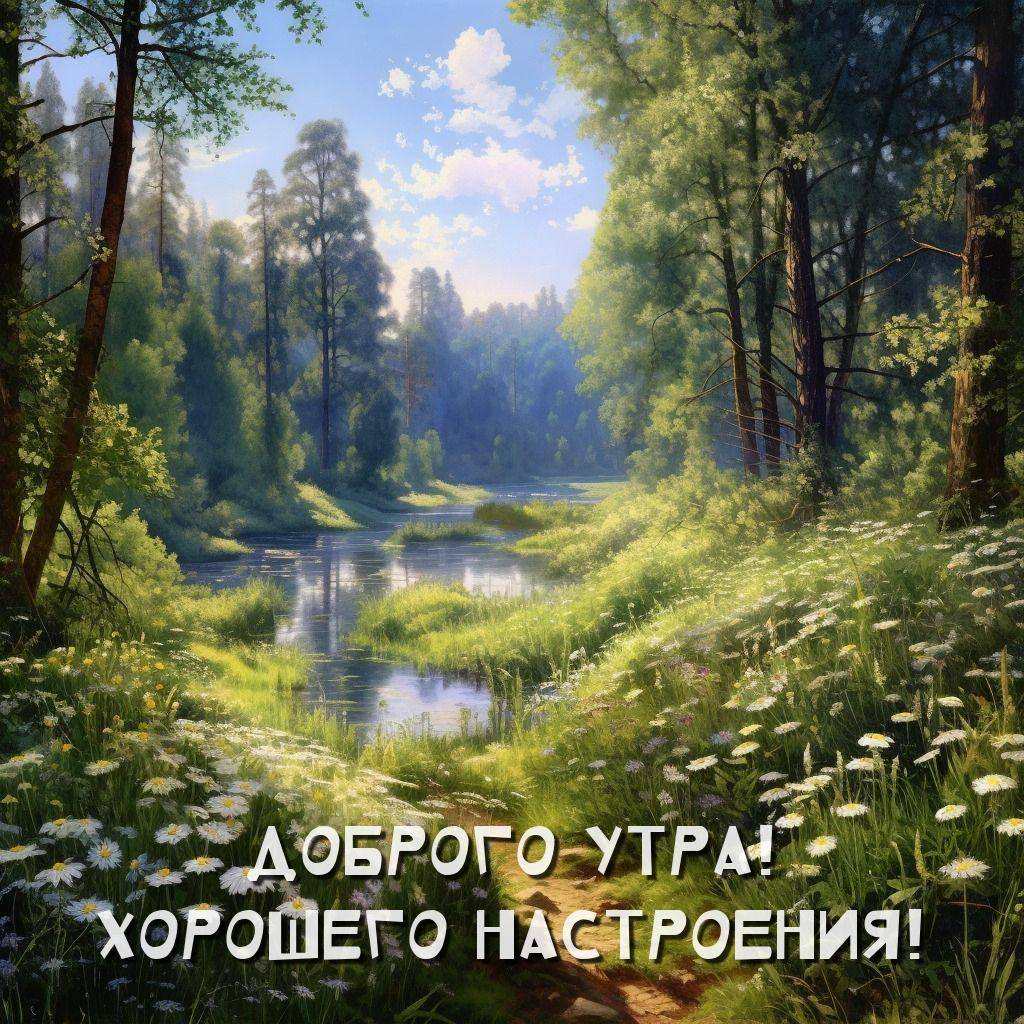 Живописная сцена леса у реки с лугом и тропинкой