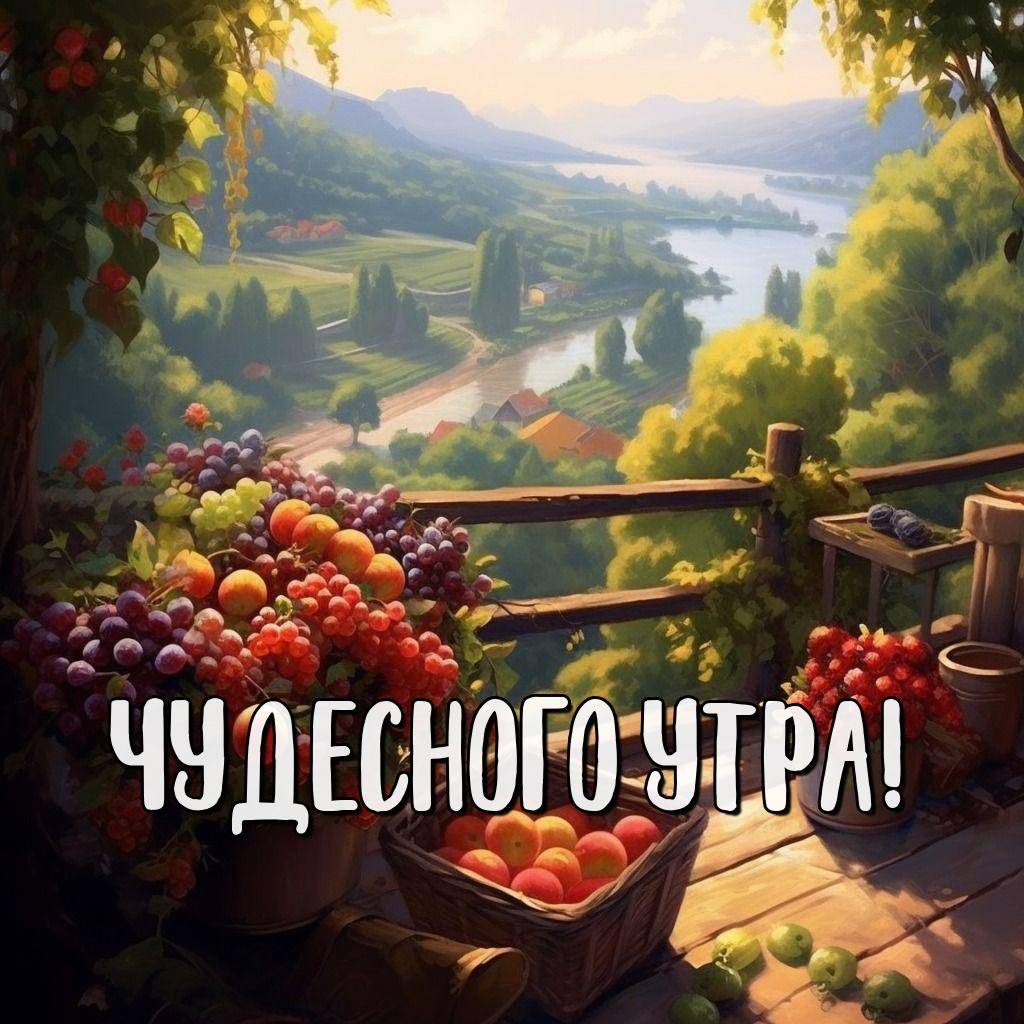 Живописная сцена с природой, балкон с фруктами