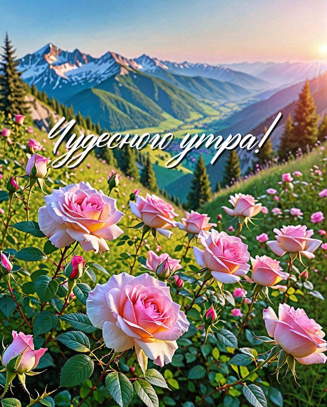 Живописный горный пейзаж с розовыми розами на переднем плане