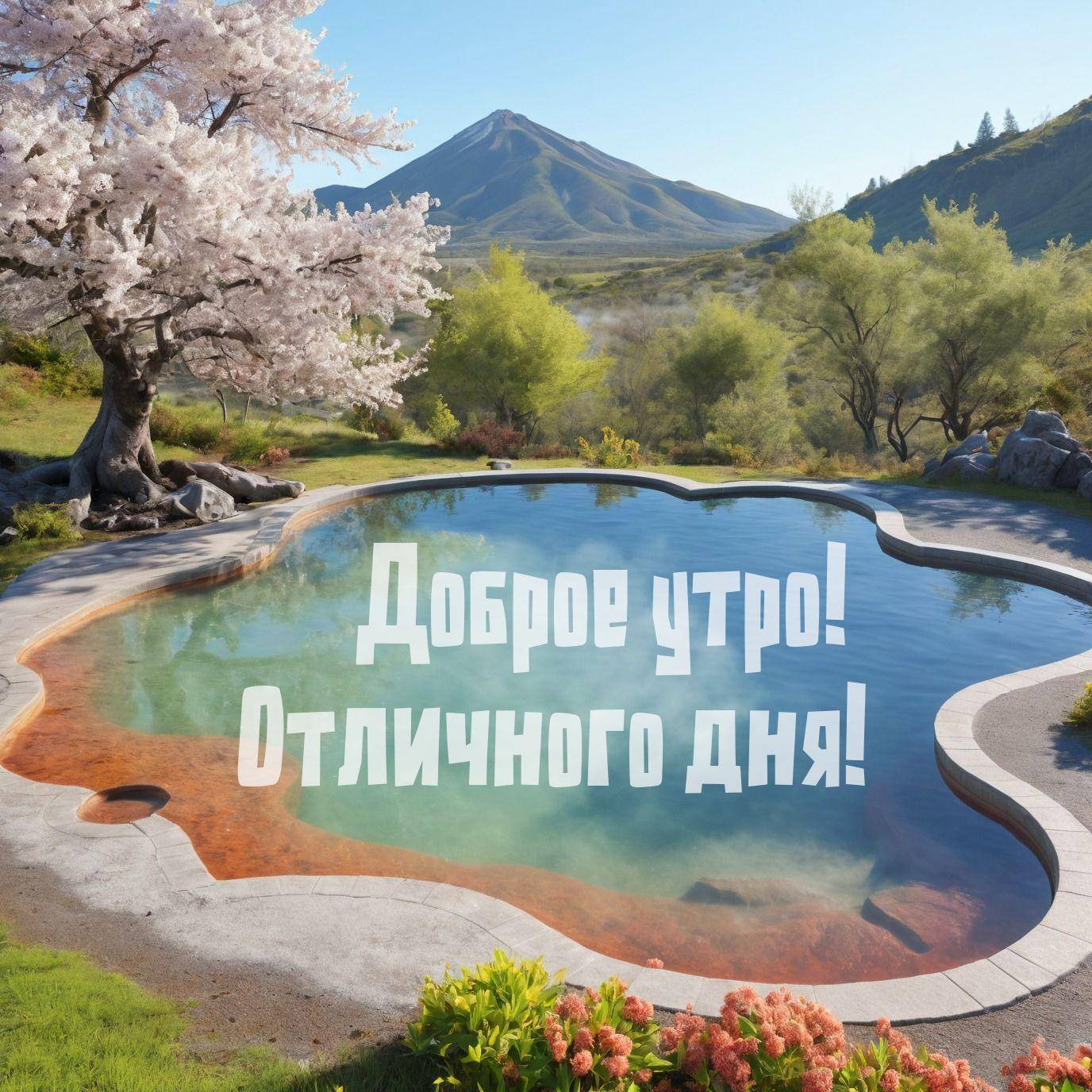 Живописный ландшафт с бассейном и цветущим деревом