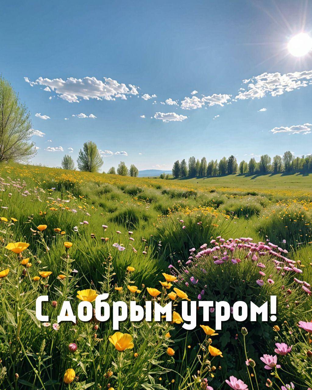 Живописный ландшафт с цветами и голубым небом