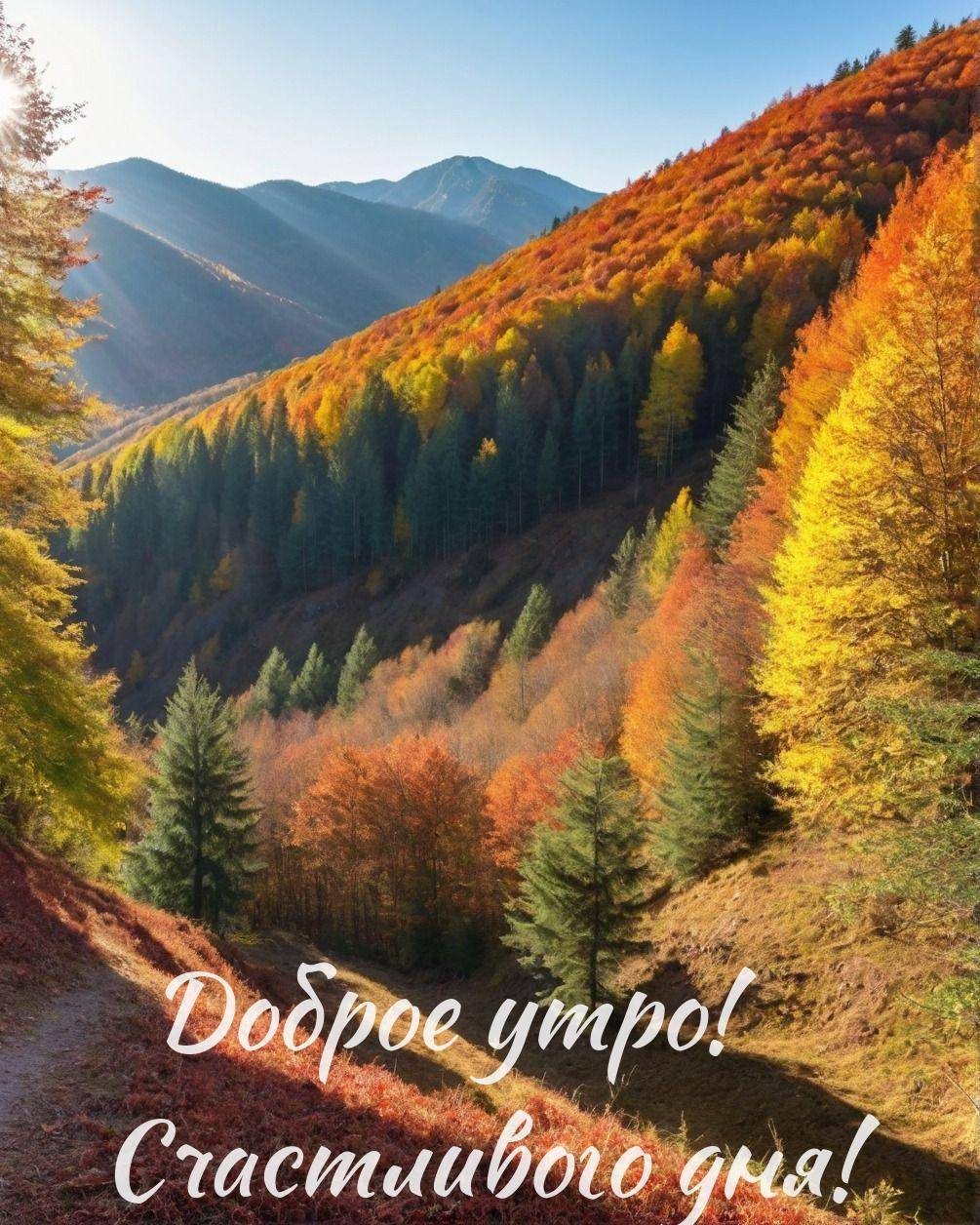 Живописный осенний пейзаж с горами, лесом и елями