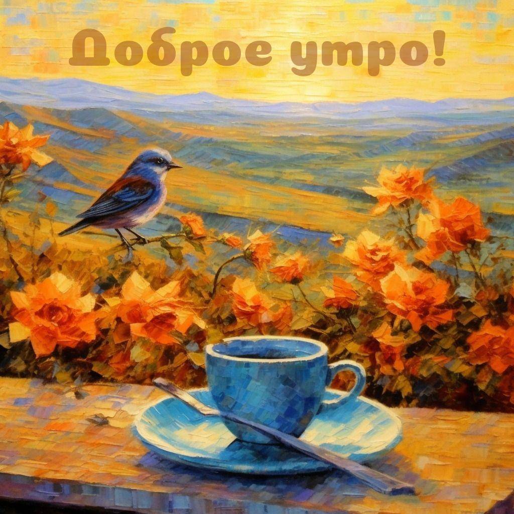 Живописный пейзаж с чашкой и цветами на фоне гор