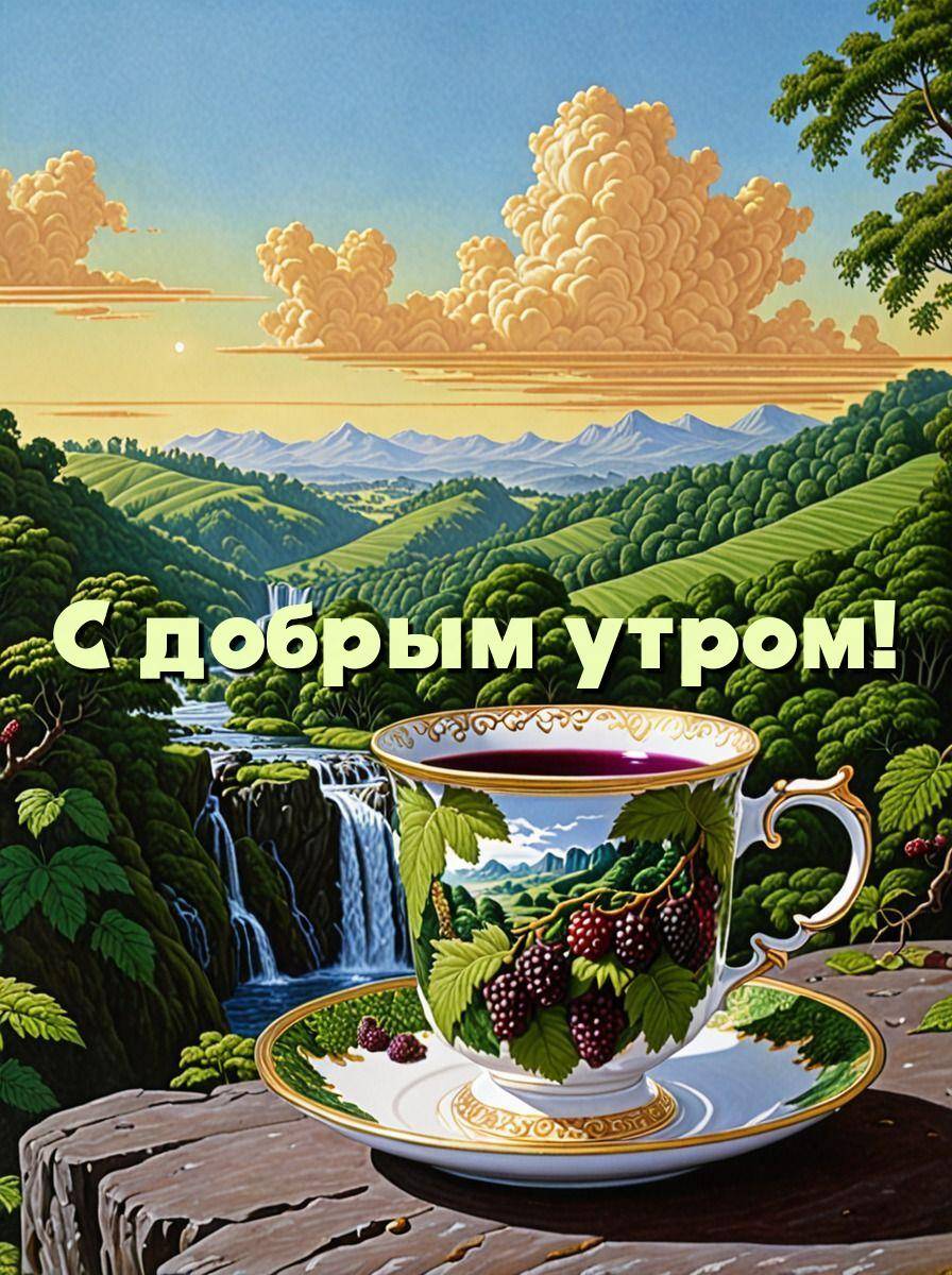 Живописный пейзаж с чашкой и водопадами