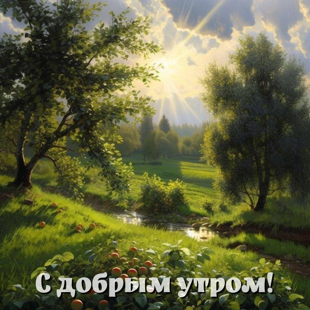 Живописный пейзаж с деревьями и солнечными лучами