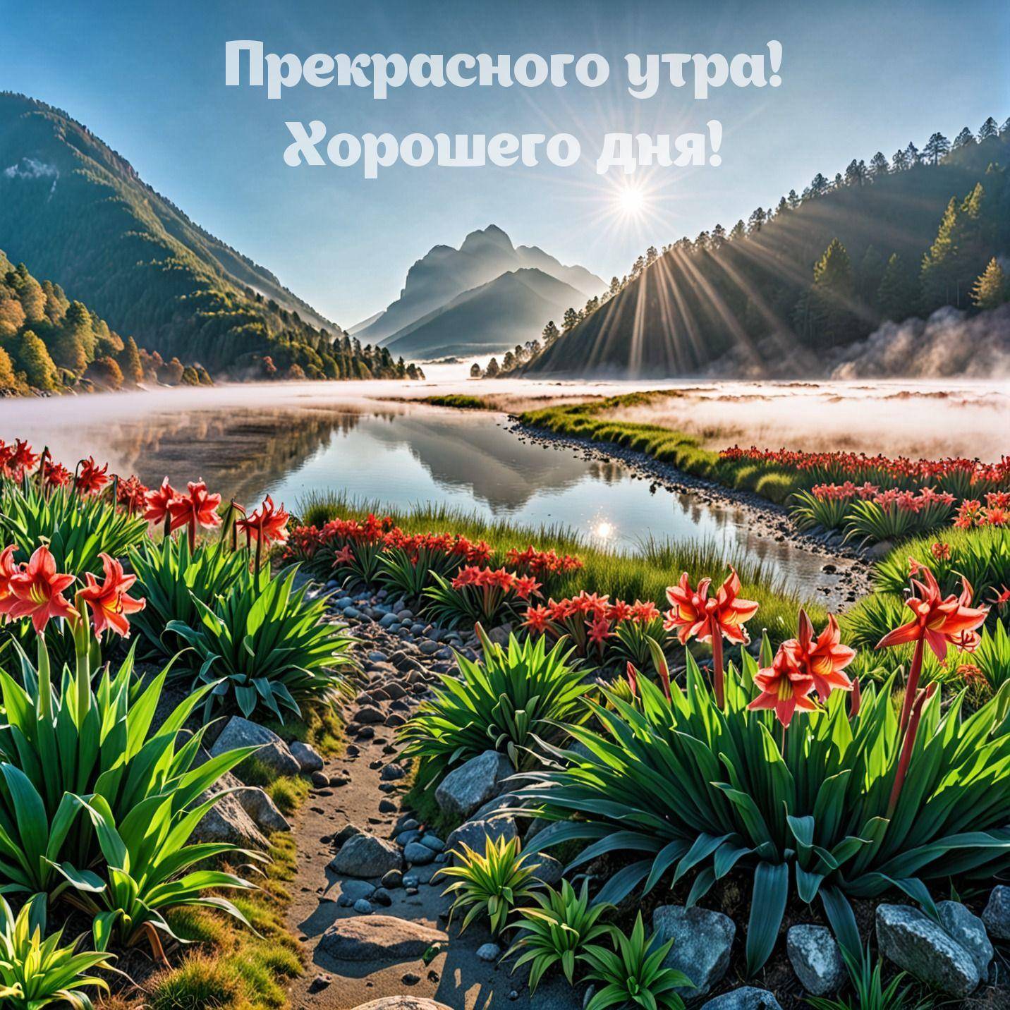 Живописный пейзаж с красными цветами и горами