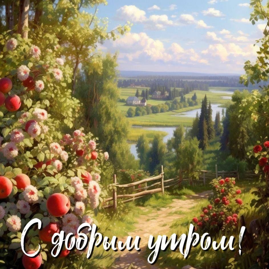 Живописный пейзаж с красными яблоками и цветами