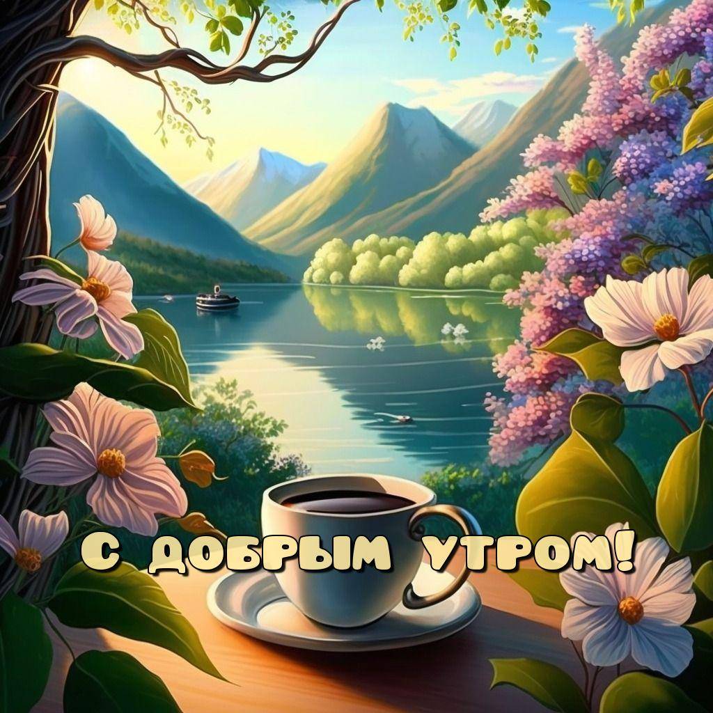 Живописный пейзаж с озером, чашкой кофе и горами