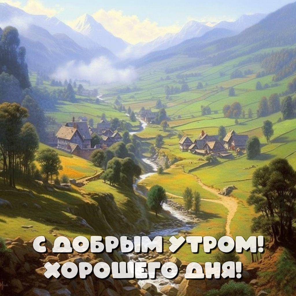 Живописный пейзаж с речкой, деревьями и деревушками среди гор