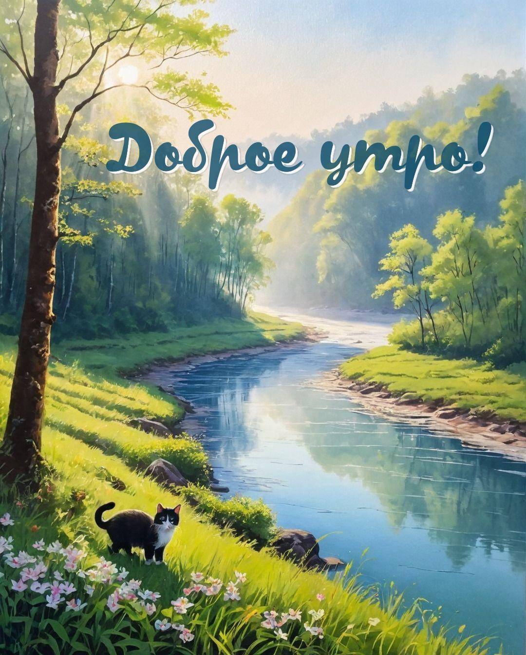 Живописный пейзаж с рекой и котом на лужайке