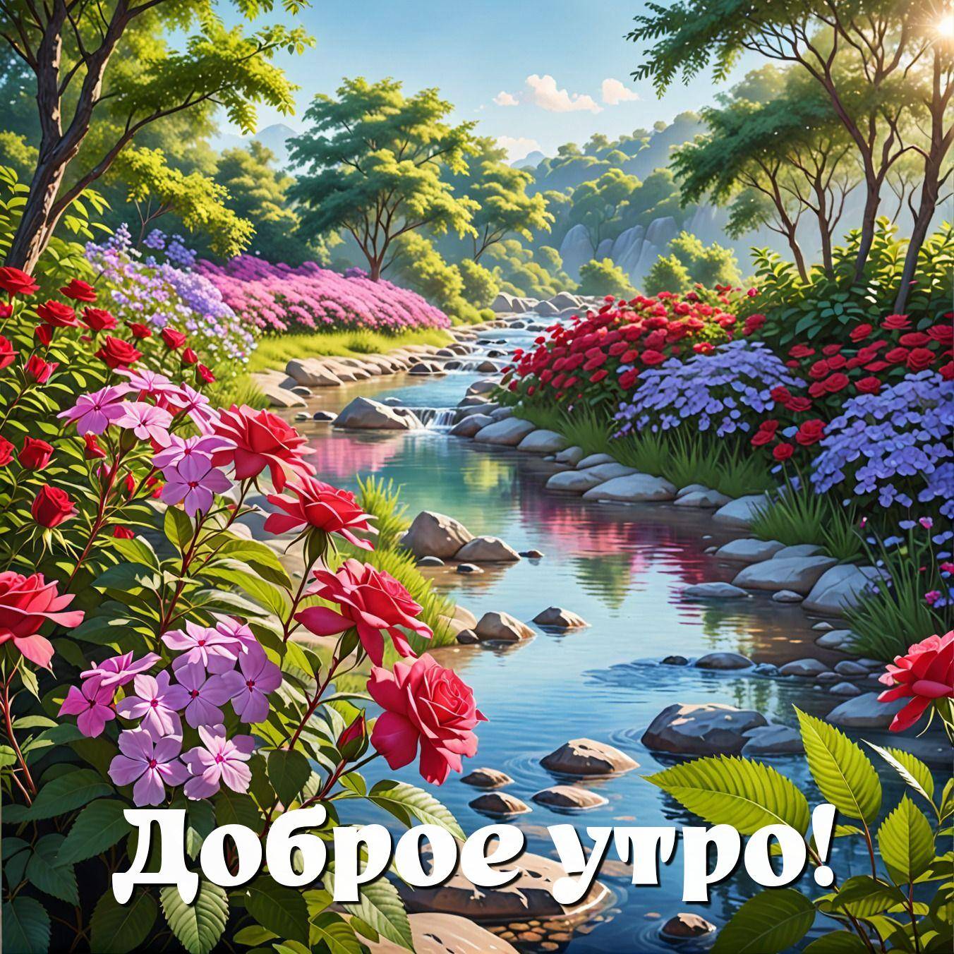 Живописный пейзаж с рекой и цветами