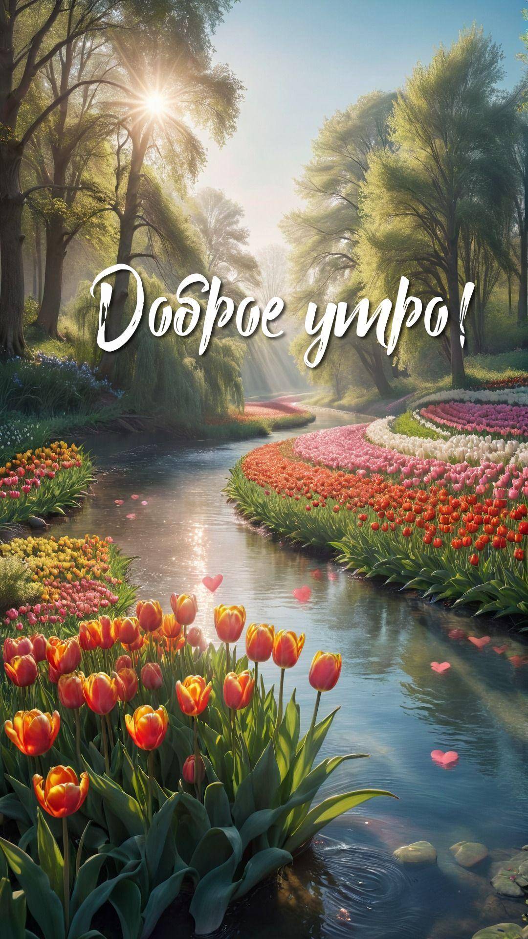 Живописный пейзаж с рекой и цветами