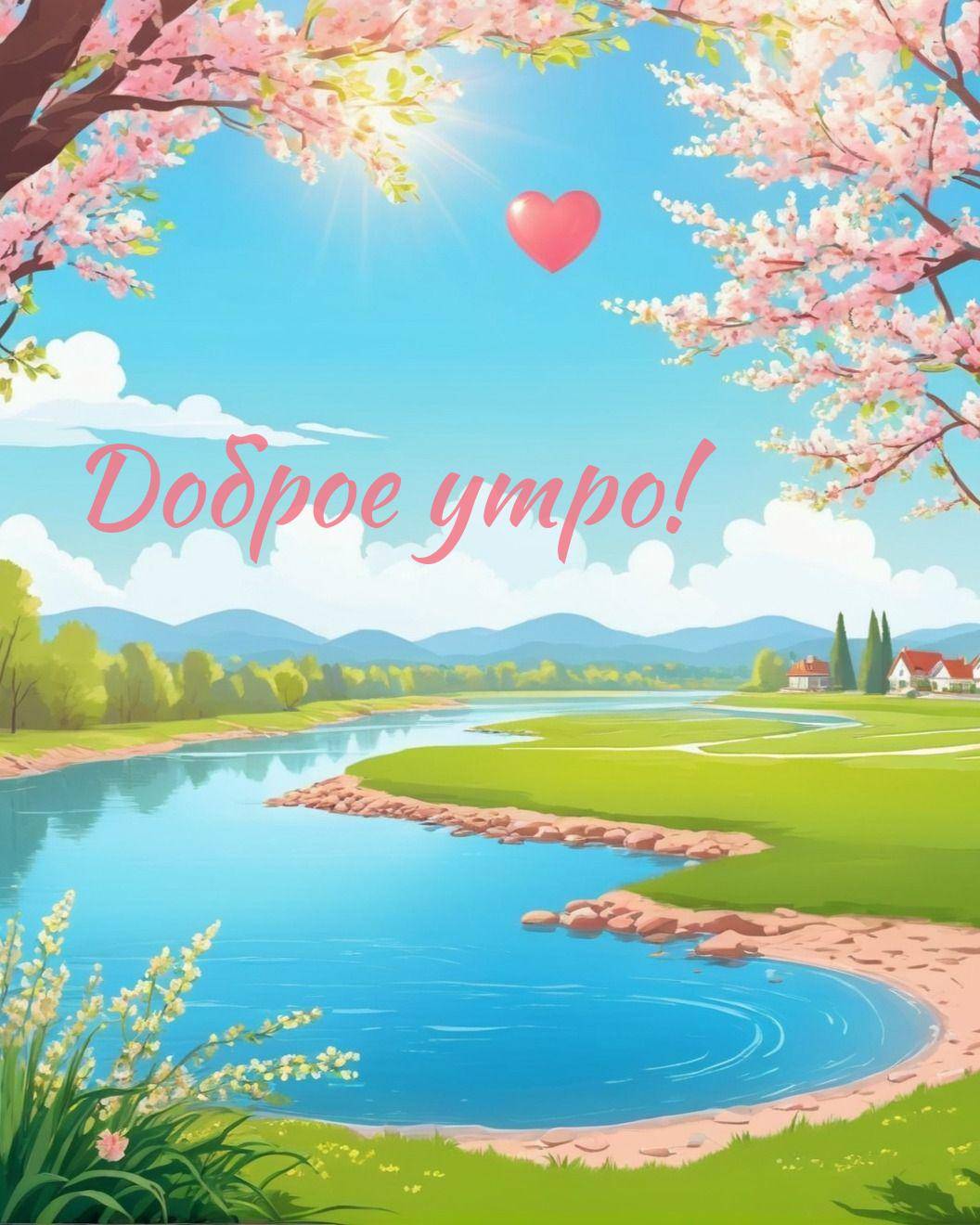 Живописный пейзаж с рекой и цветущими деревьями