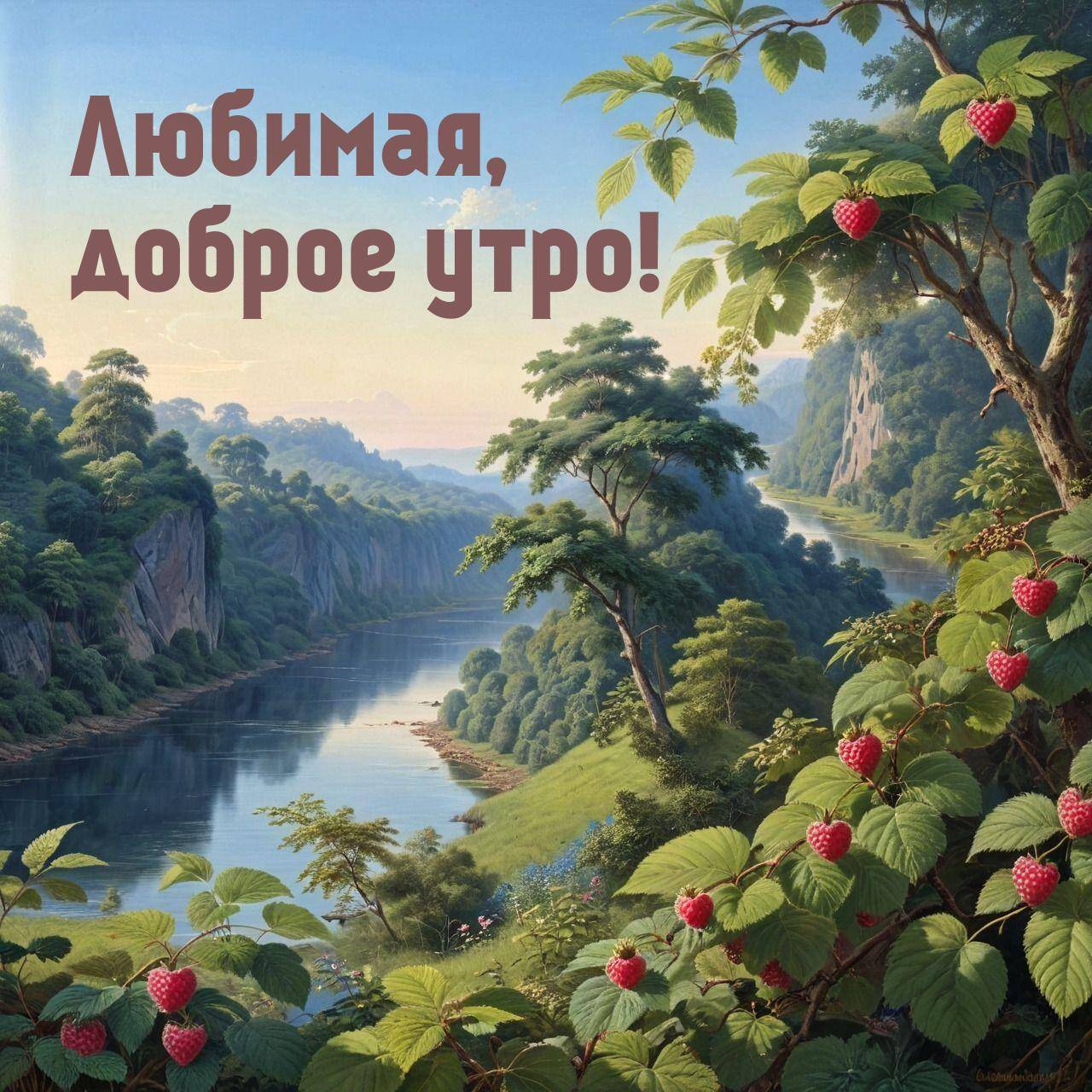 Живописный пейзаж с солнцем, малиной и рекой