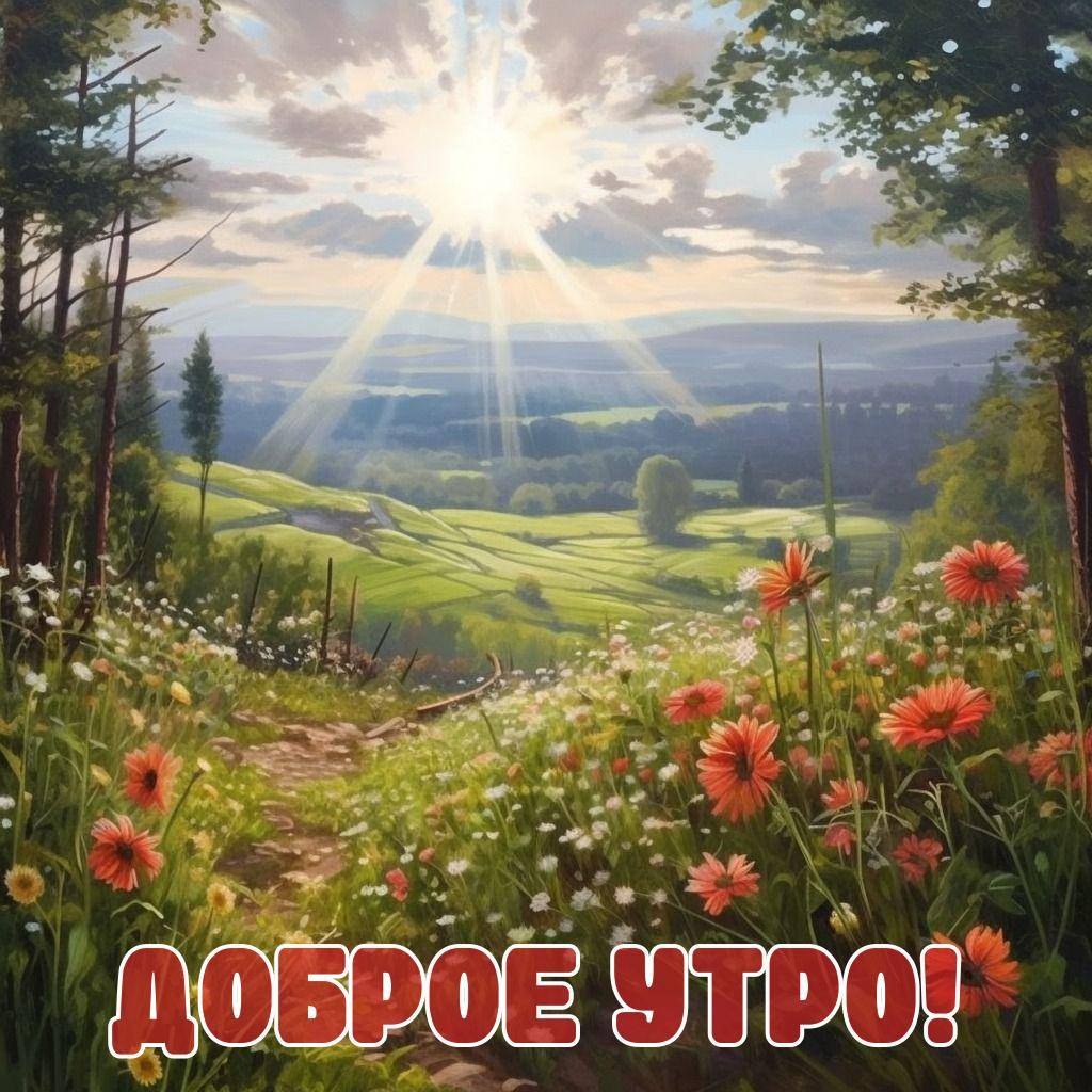 Живописный пейзаж с солнцем, тропинкой и цветами