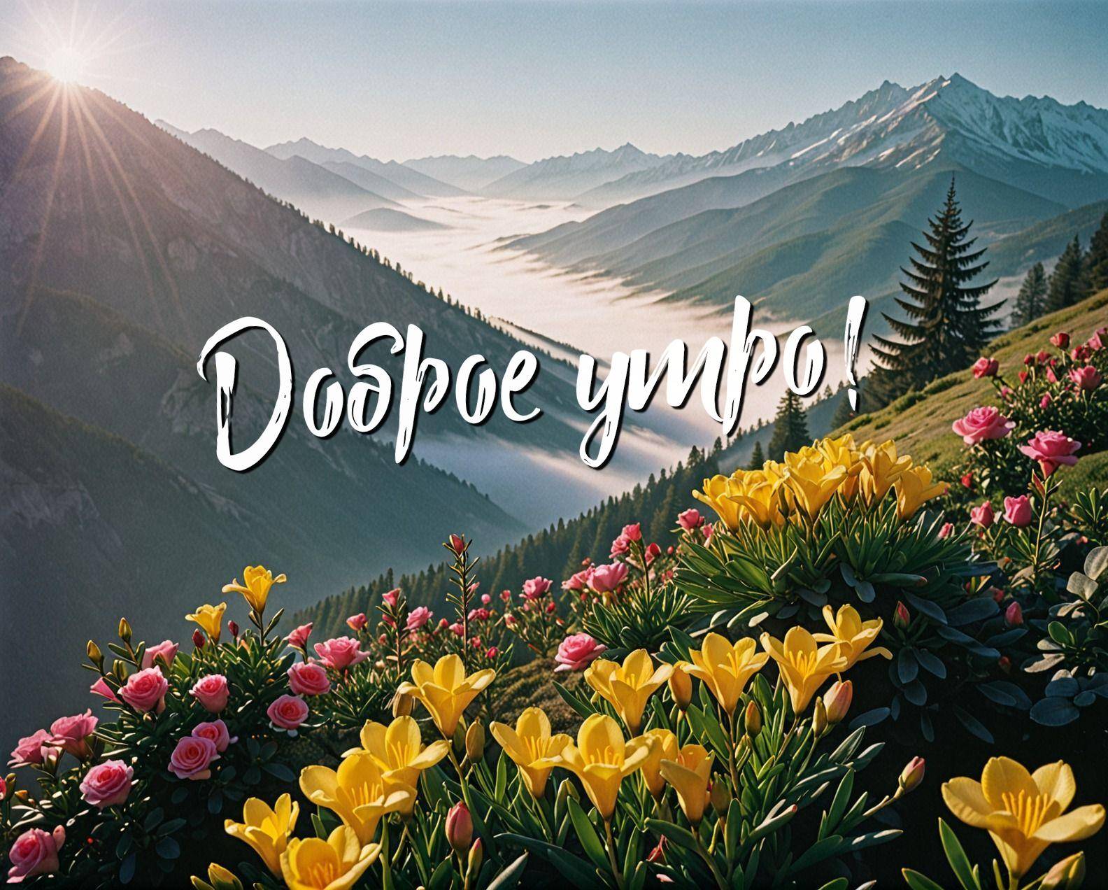 Живописный пейзаж с цветами и горами