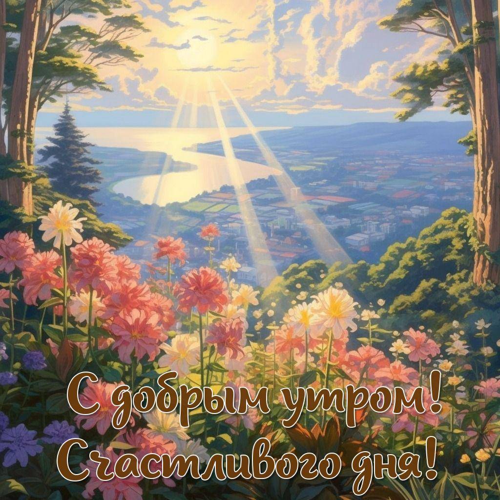 Живописный пейзаж с цветами и рекой