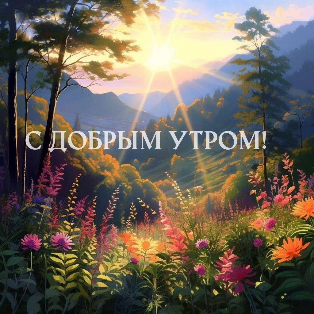 Живописный пейзаж с цветами и восходом солнца