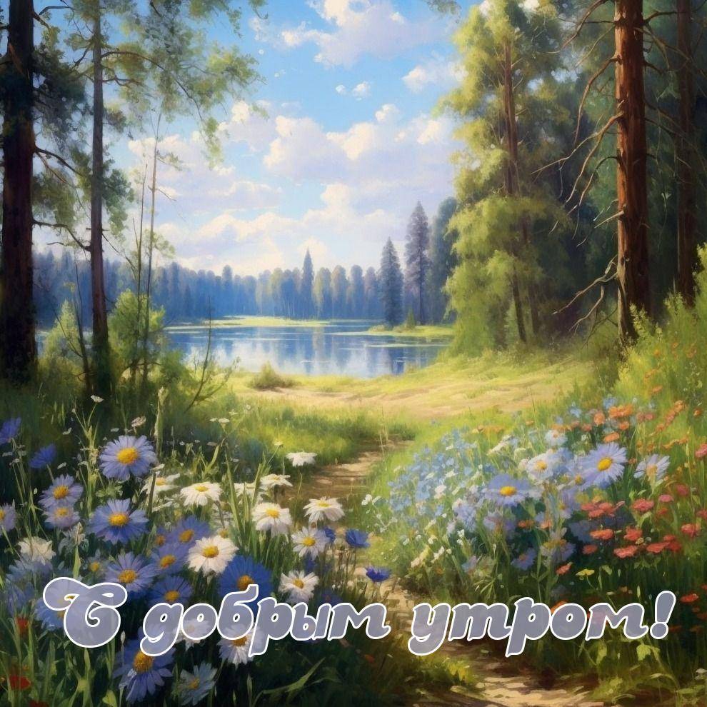 Живописный пейзаж с цветами, прудом и деревьями