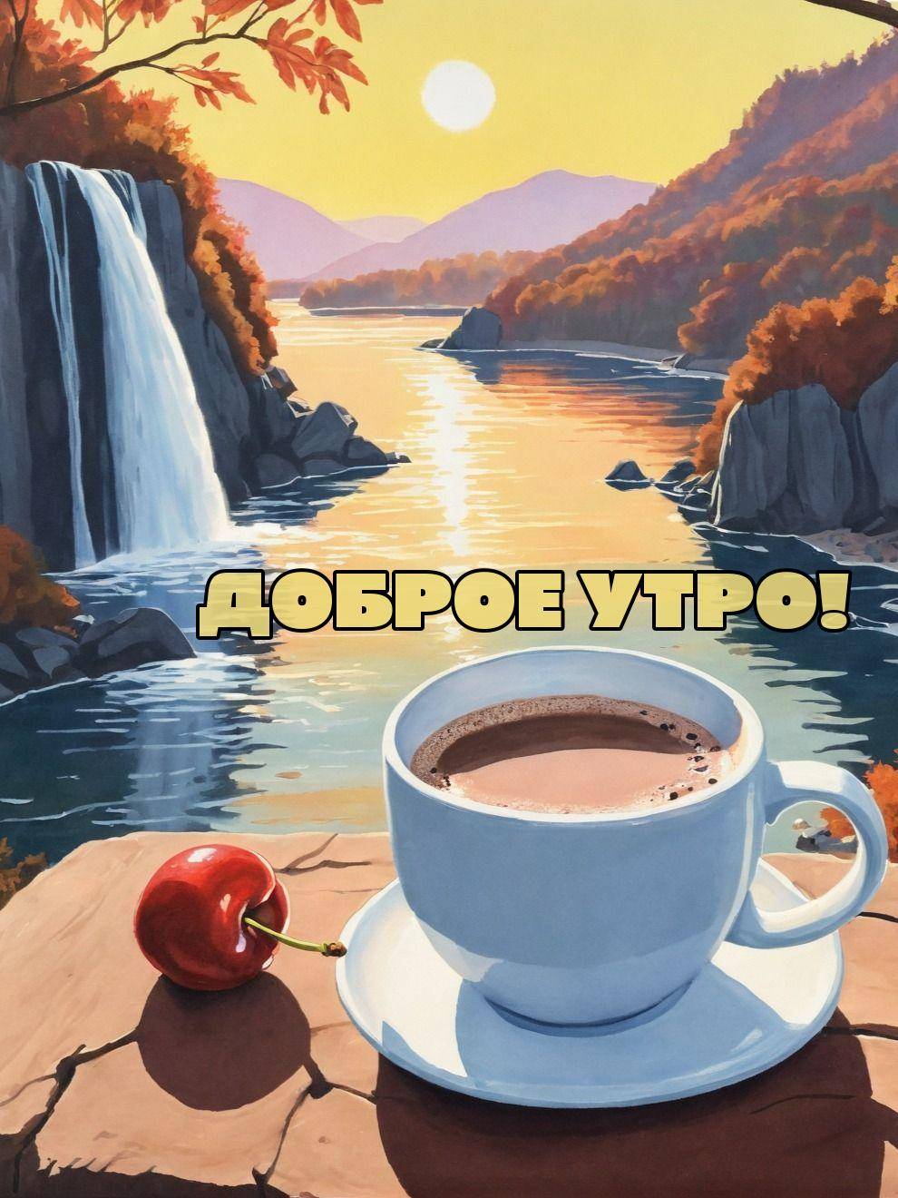 Живописный пейзаж с водопадом и чашкой напитка