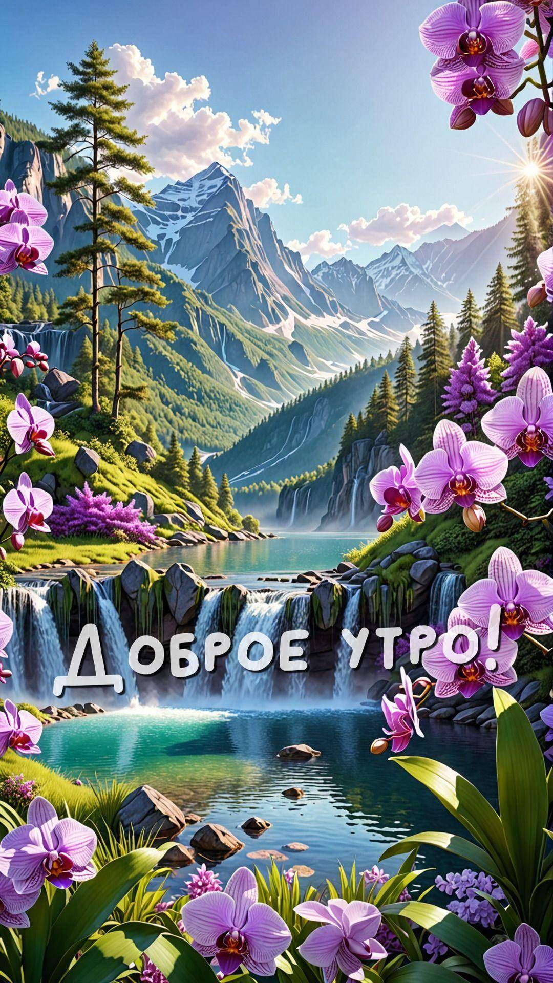 Живописный пейзаж с яркими сиреневыми орхидеями и горами.