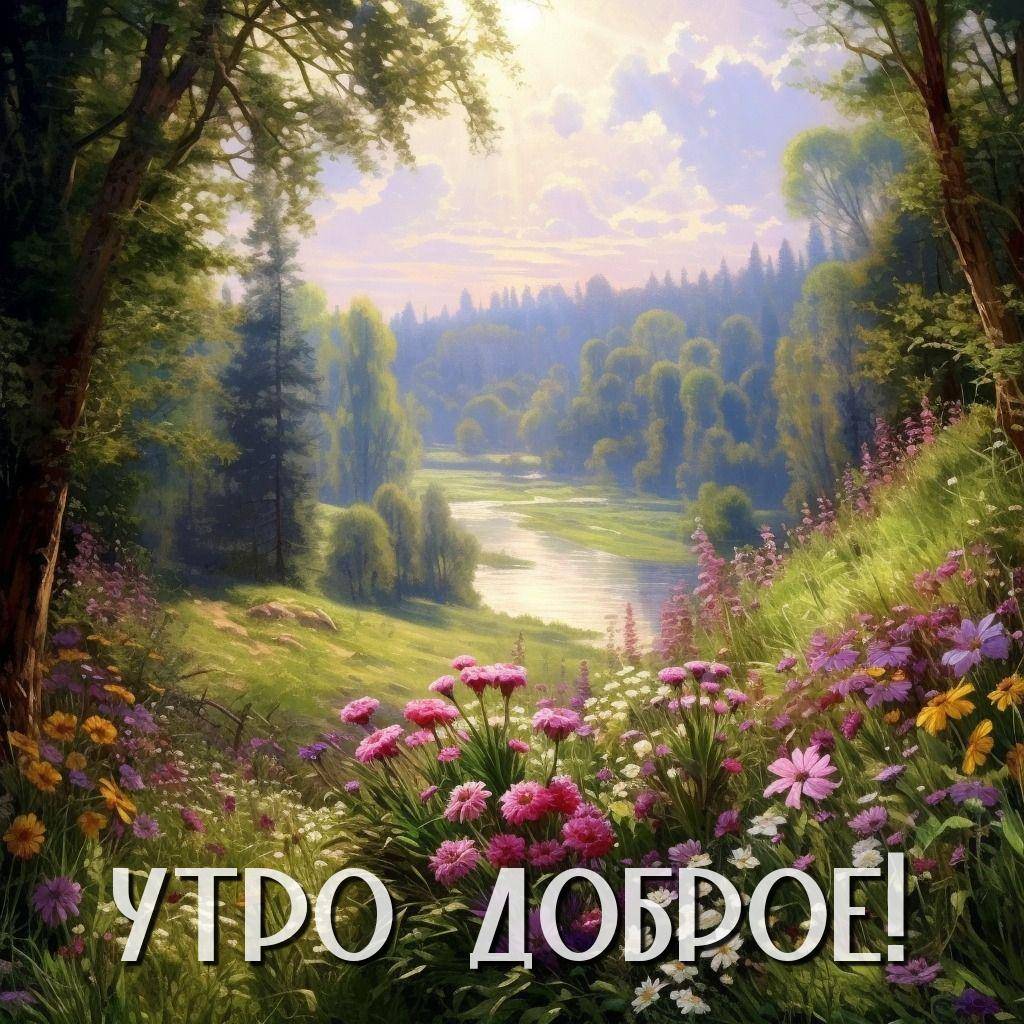 Живописный пейзаж с яркими цветами, рекой и зелёными холмами.