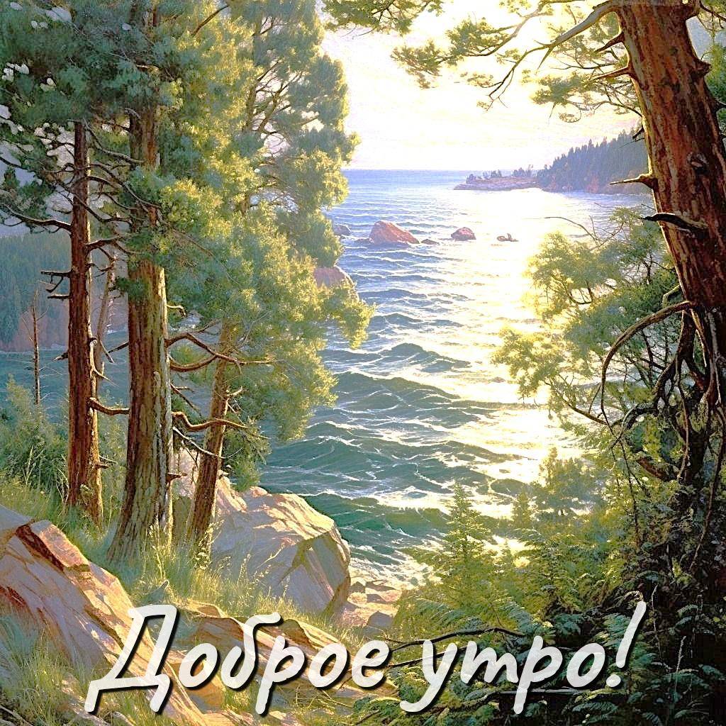 Живописный пейзаж с зелёными деревьями и волнами на воде