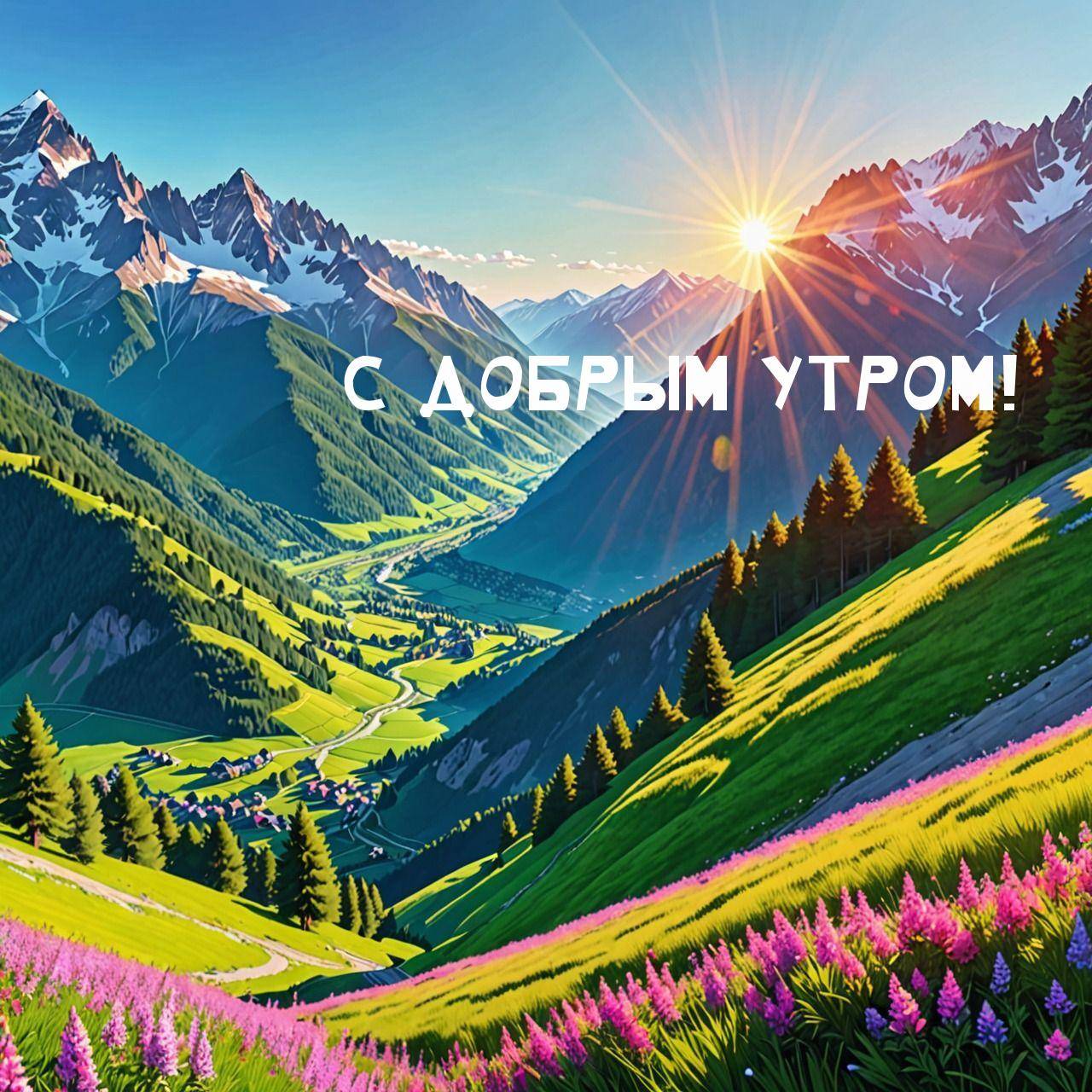 Живописный пейзаж в горах с домиками и рекой