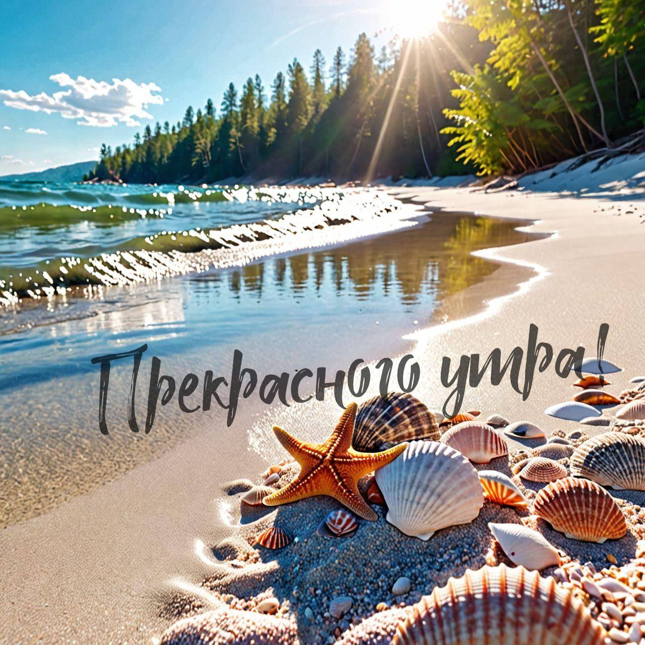 Живописный пляж с морскими ракушками и звездами