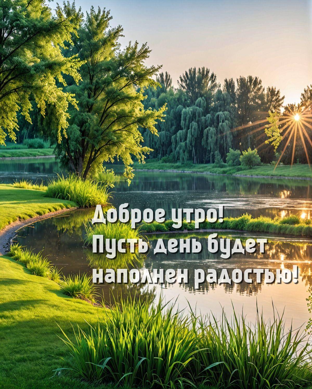 Живописный природный пейзаж с рекой и зелёными деревьями