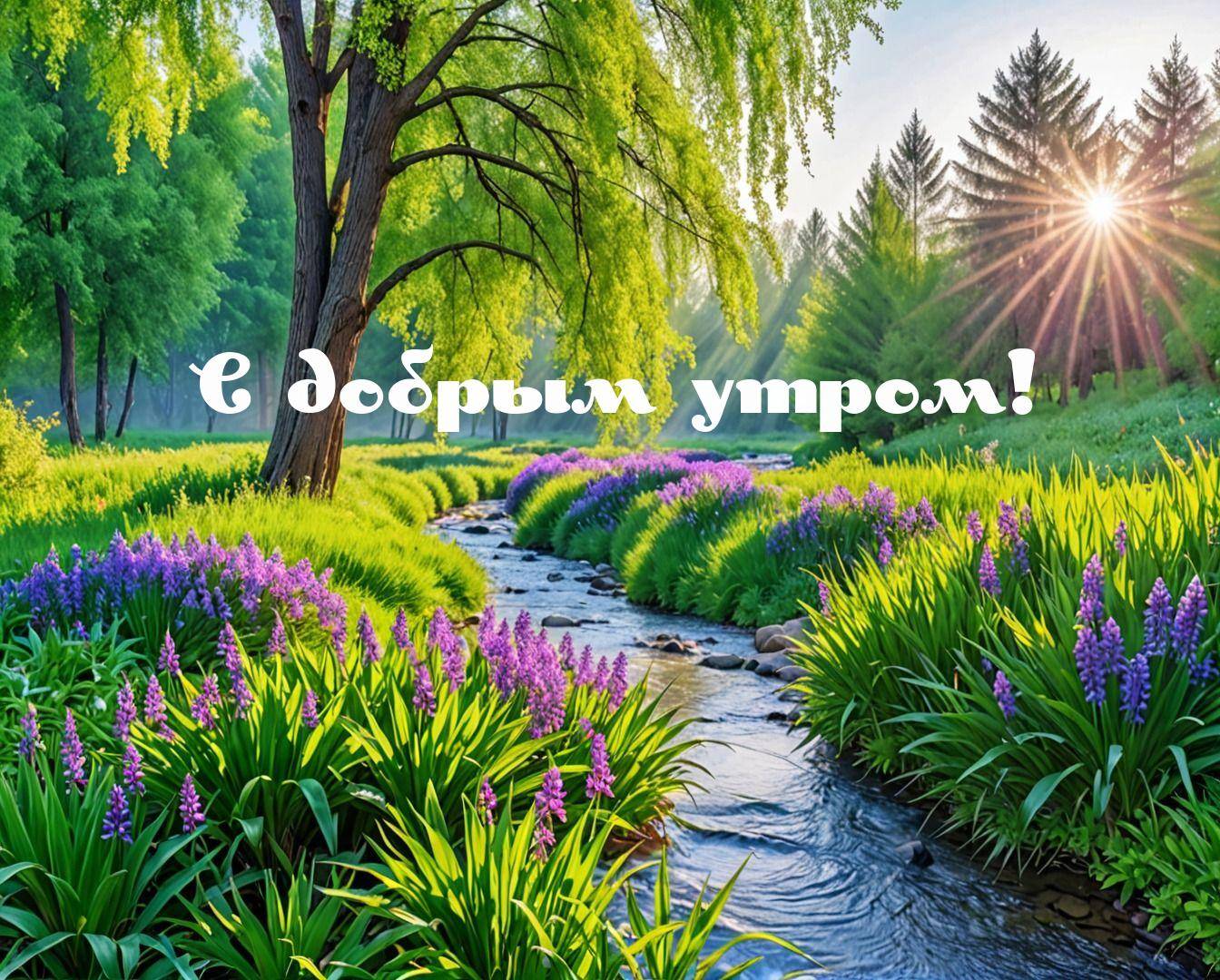 Живописный природный пейзаж с ручьем и цветами