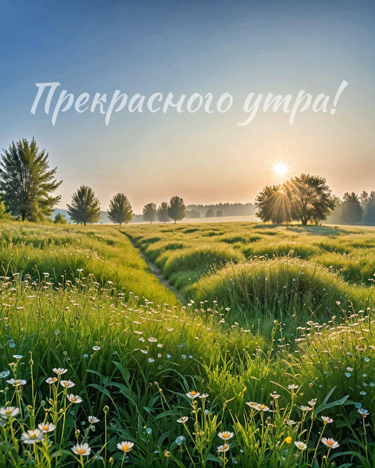 Живописный рассвет с зелеными травами и белыми цветами