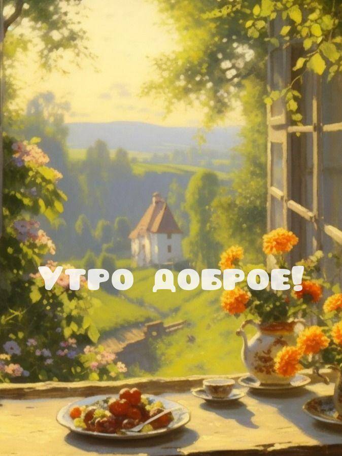 Живописный вид из окна на сельскую местность. На столе - фрукты, чай и цветы.