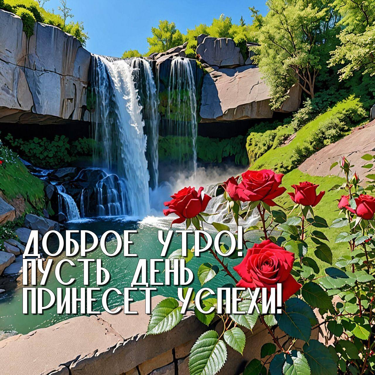 Живописный водопад с красными розами и зеленью
