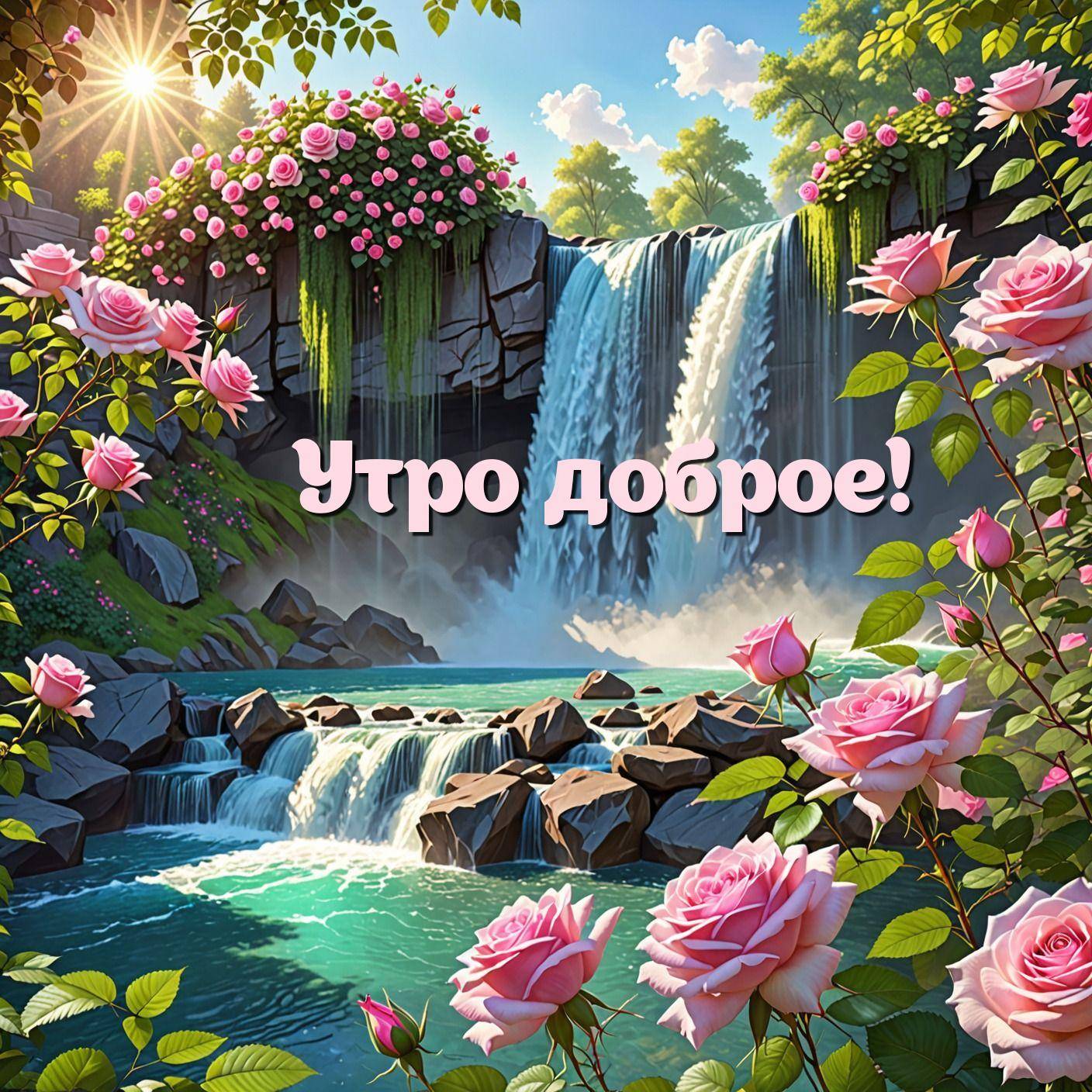 Живописный водопад с яркими розами и блестящей водой