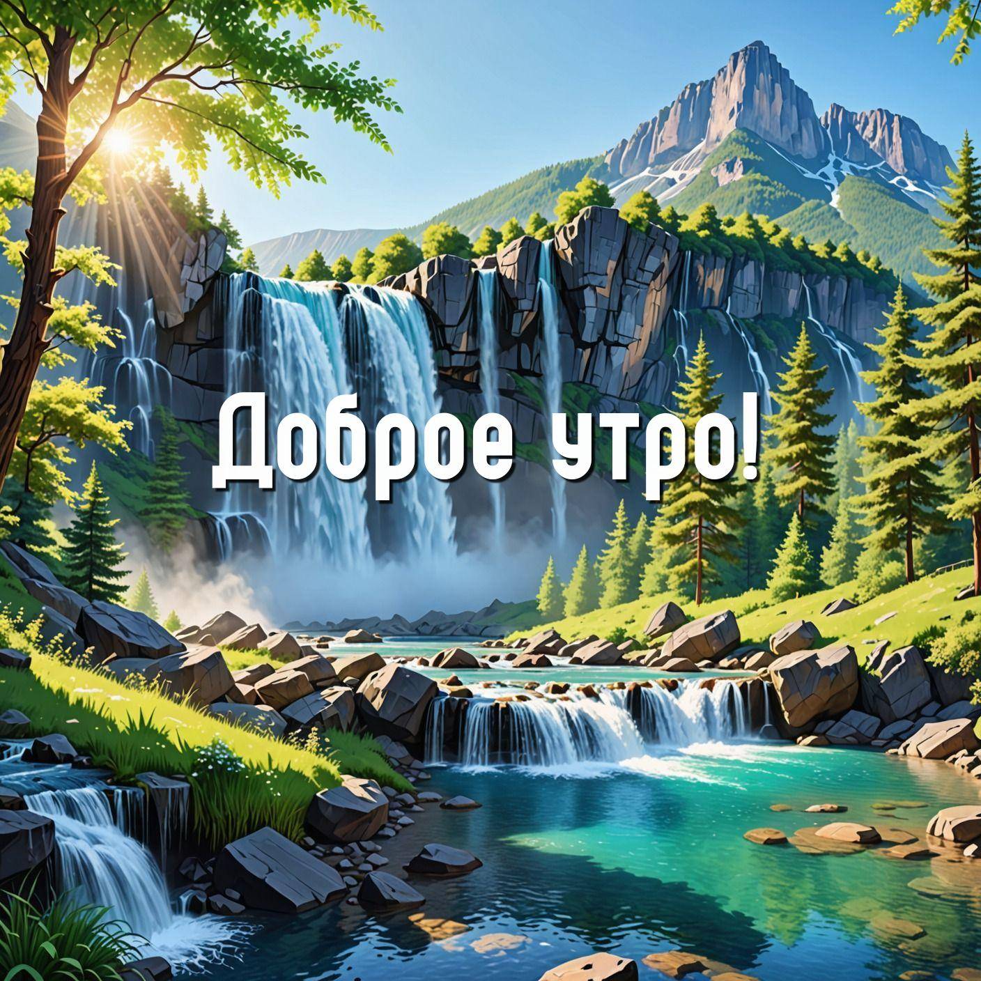 Живописный водопад среди хвойного леса и гор