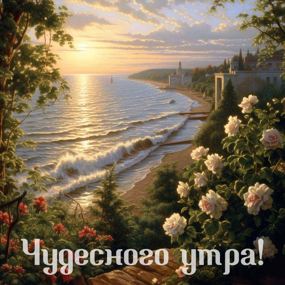 Живописный рассвет с розами и парусником