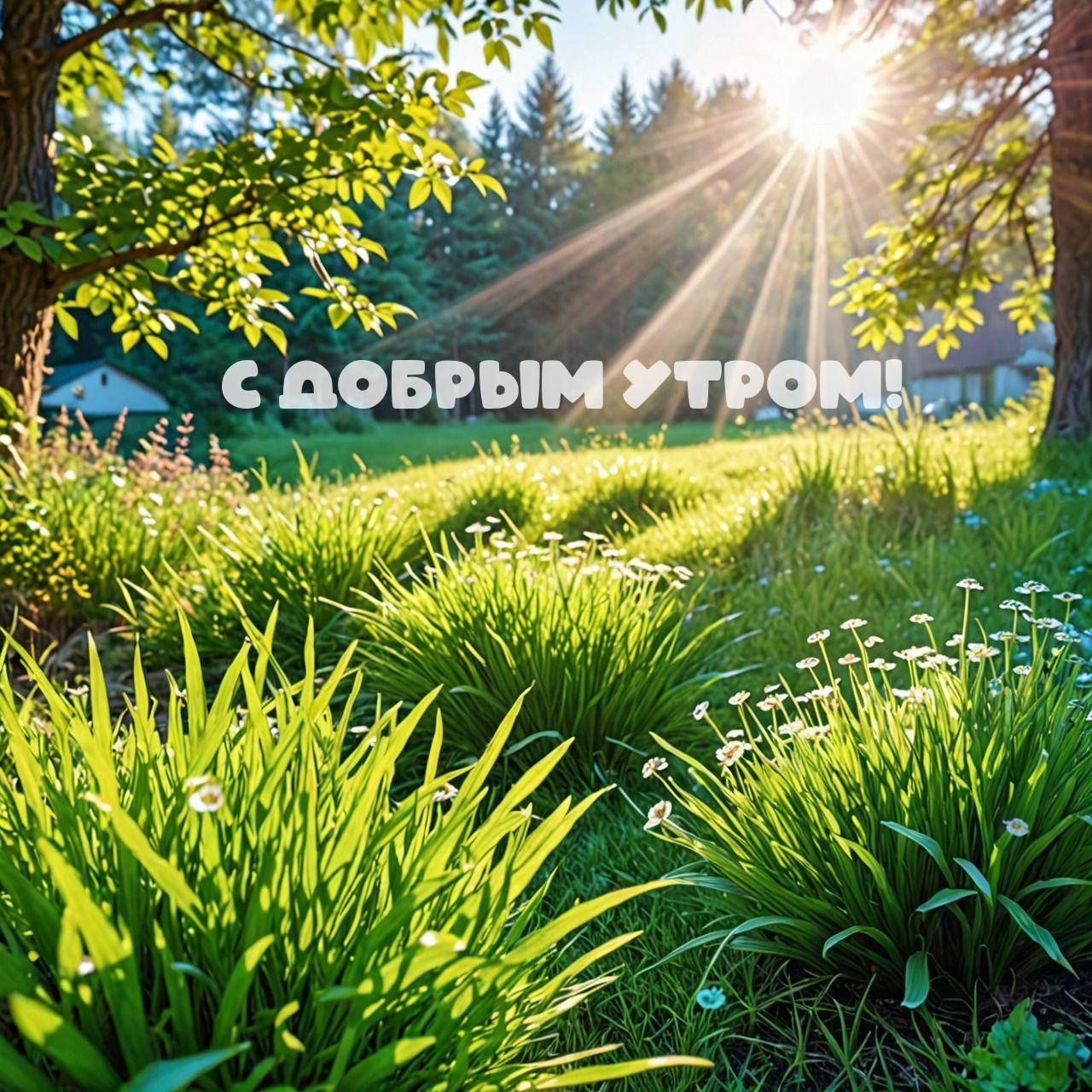 Живописное место с деревьями, травами и цветами на утреннем солнце