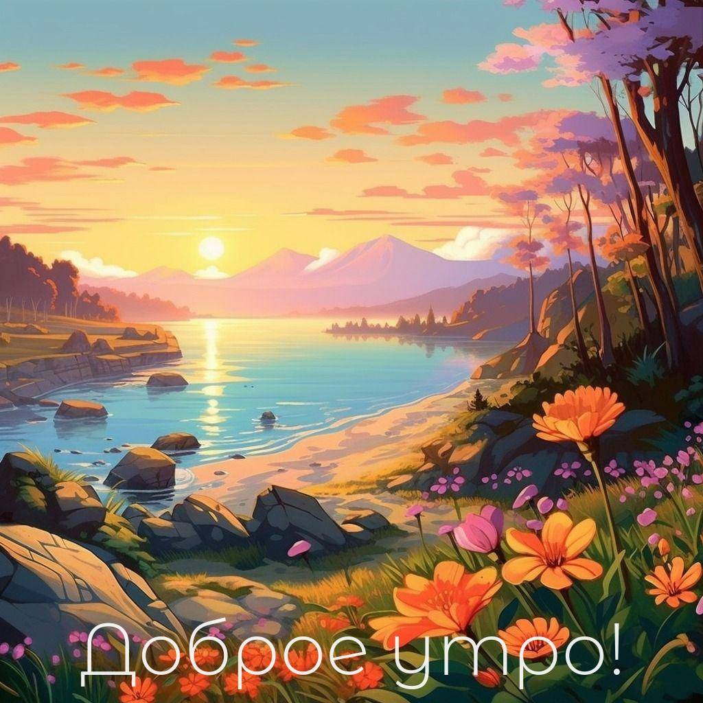 Живописное озеро с рассветом, окруженное цветами и горами