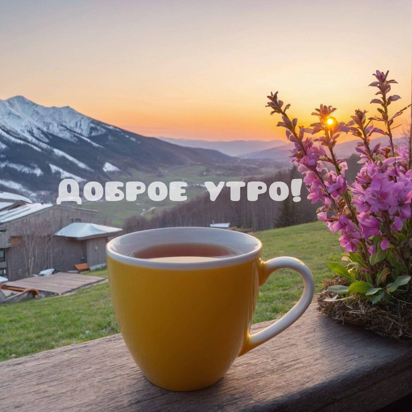 Жёлтая чашка с напитком на фоне пейзажа
