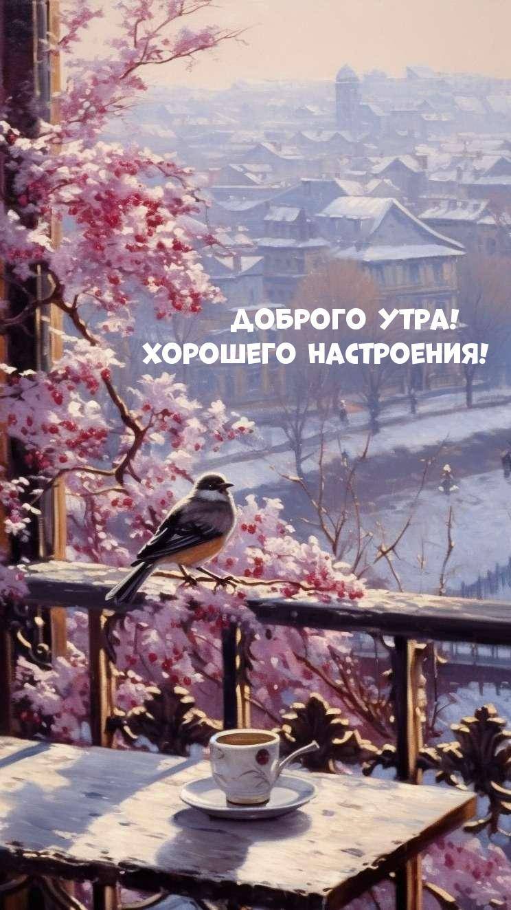 Зимнее утро, солнце над заснеженными домами. Чашка кофе на столике.