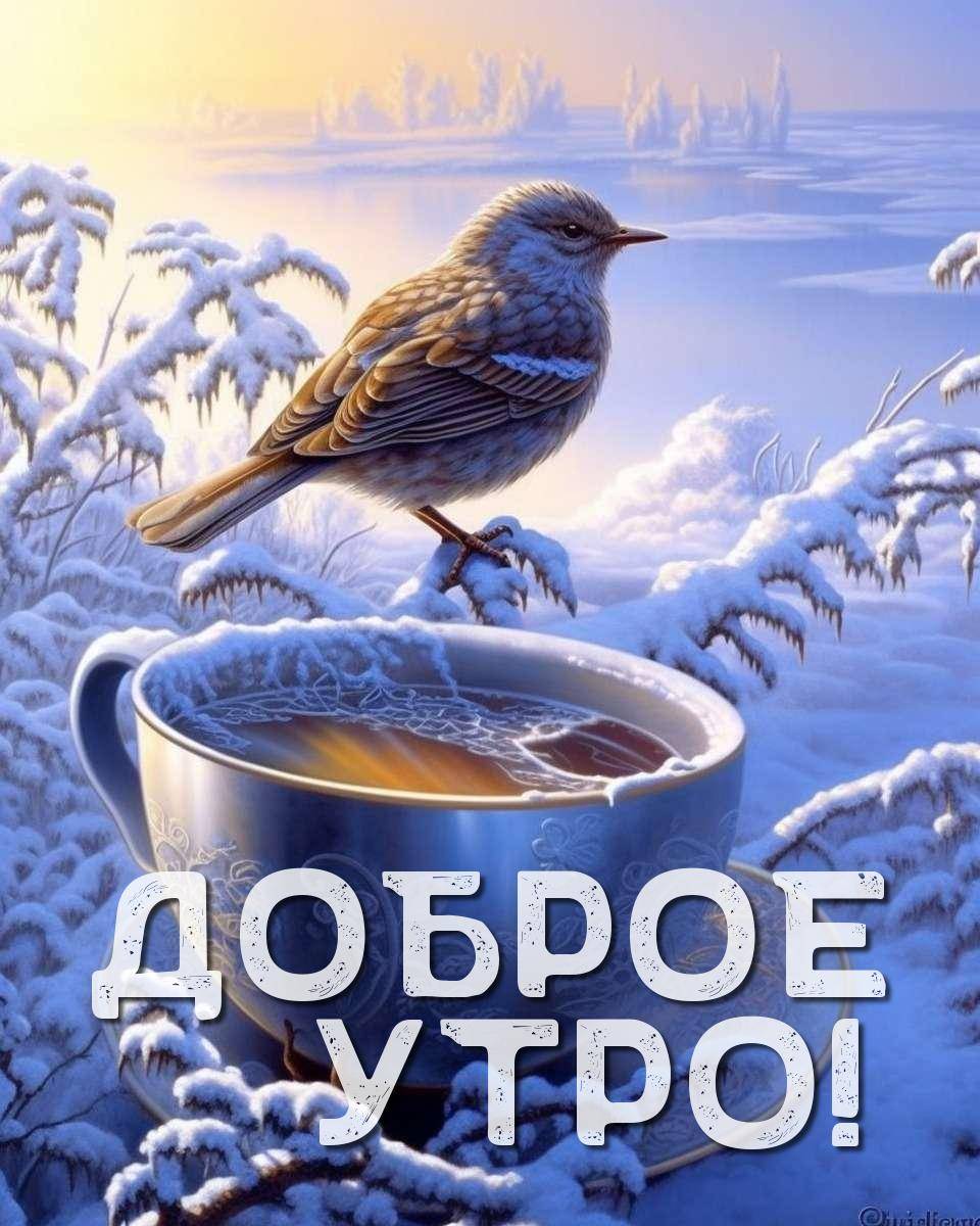 Зимнее утро, солнце освещает заснеженные ветви и птицу у чашки чая.