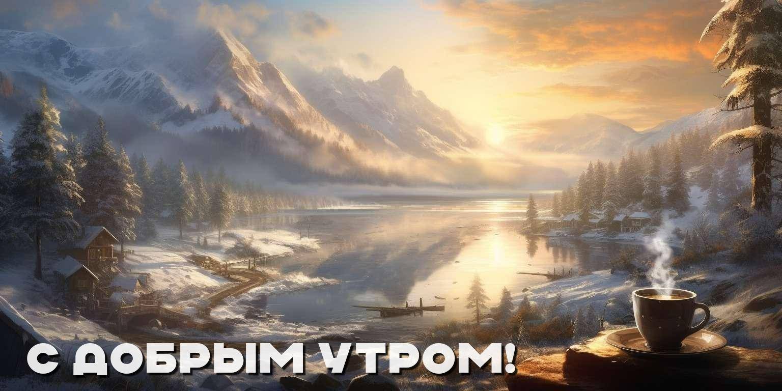 Зимнее утро в горной долине, озеро и домик