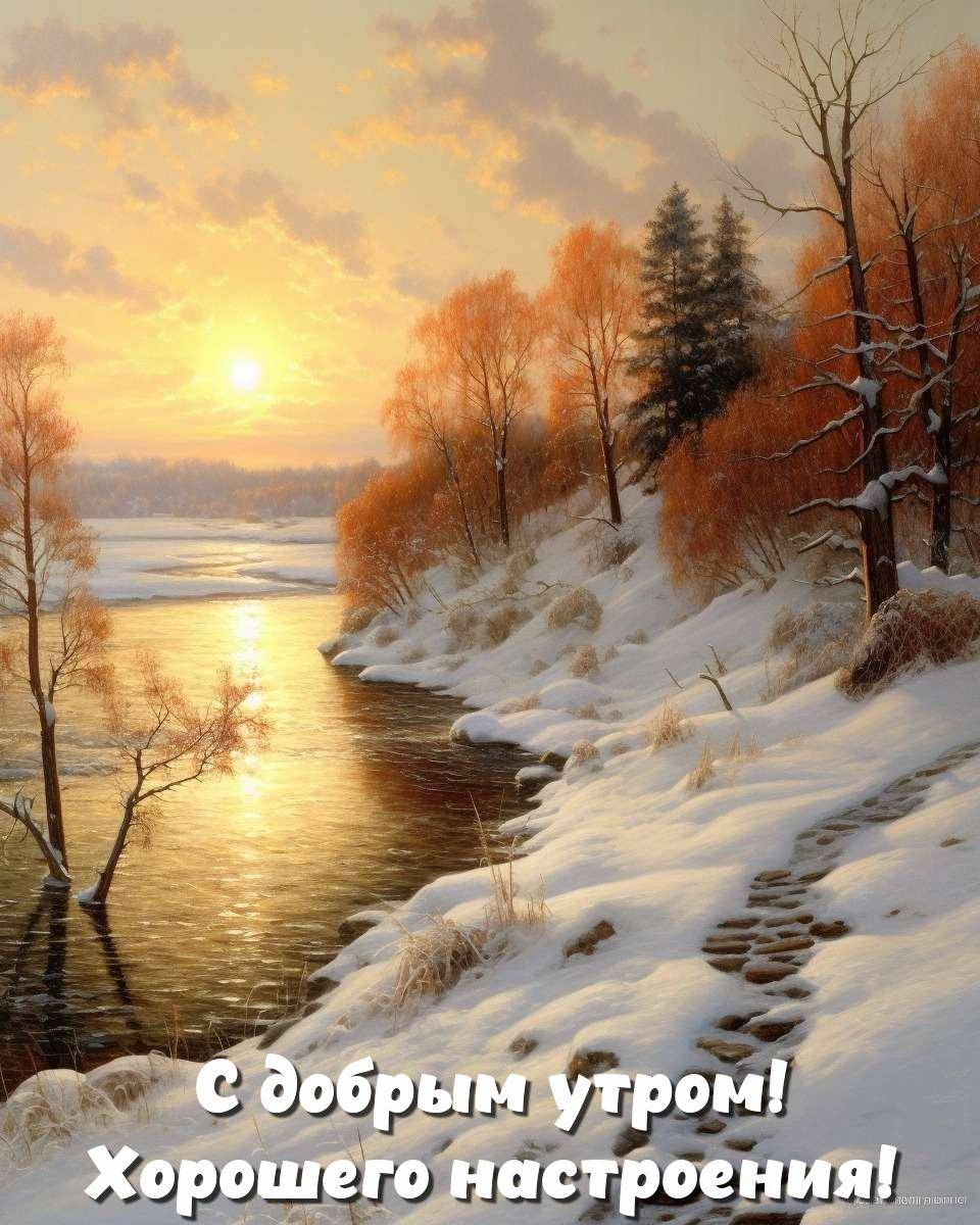 Зимняя река в лучах утреннего солнца, покрытая снегом