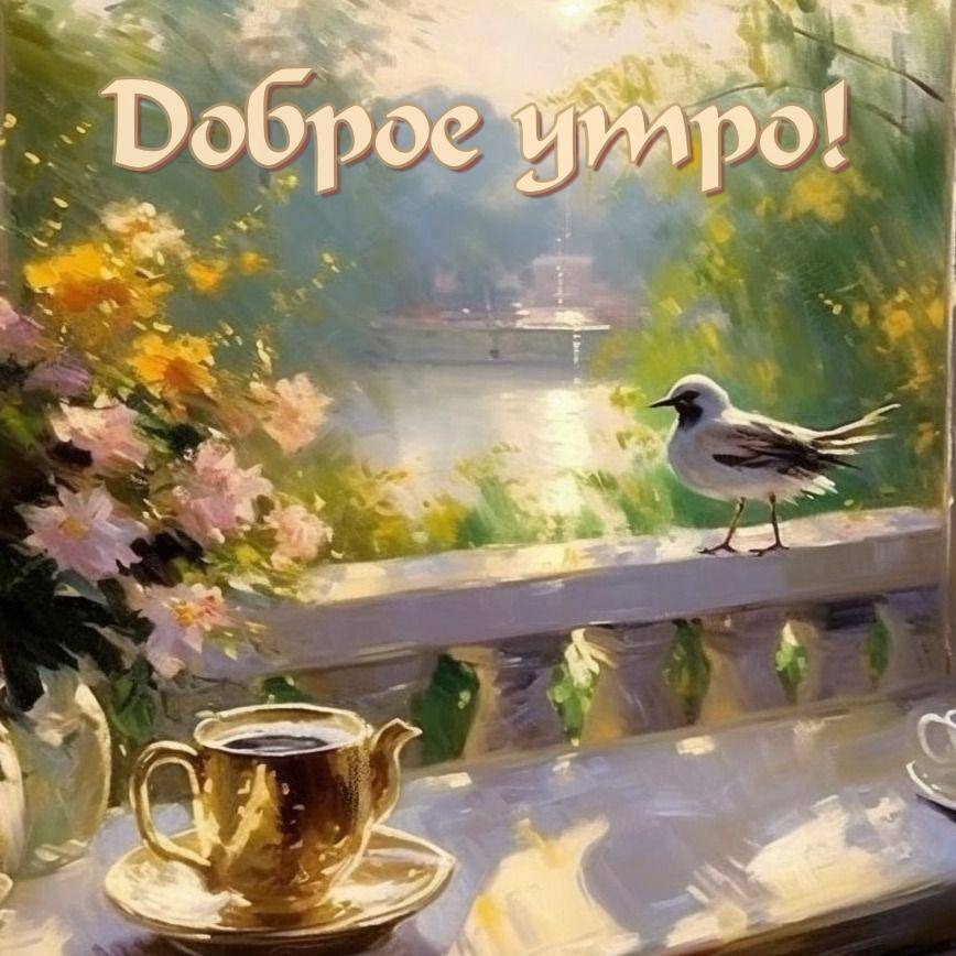 Золотая чашка кофе на фоне цветов и водоема