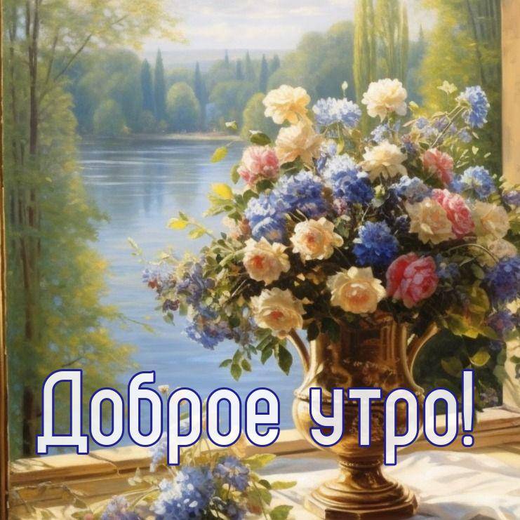 Золотая ваза с цветами и озеро на фоне