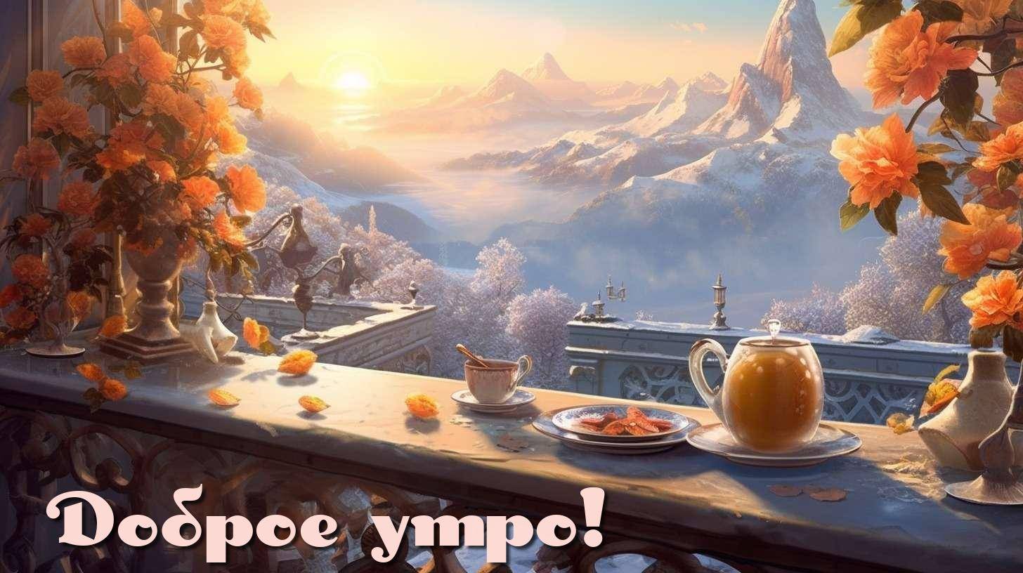 Золотистые лепестки и стол с чаем в утреннем свете