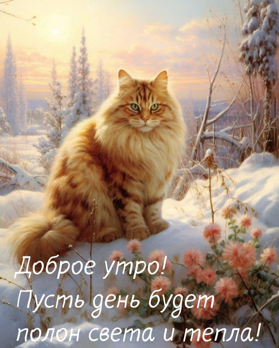 Золотистый кот на фоне заснеженного сада, лучи солнца