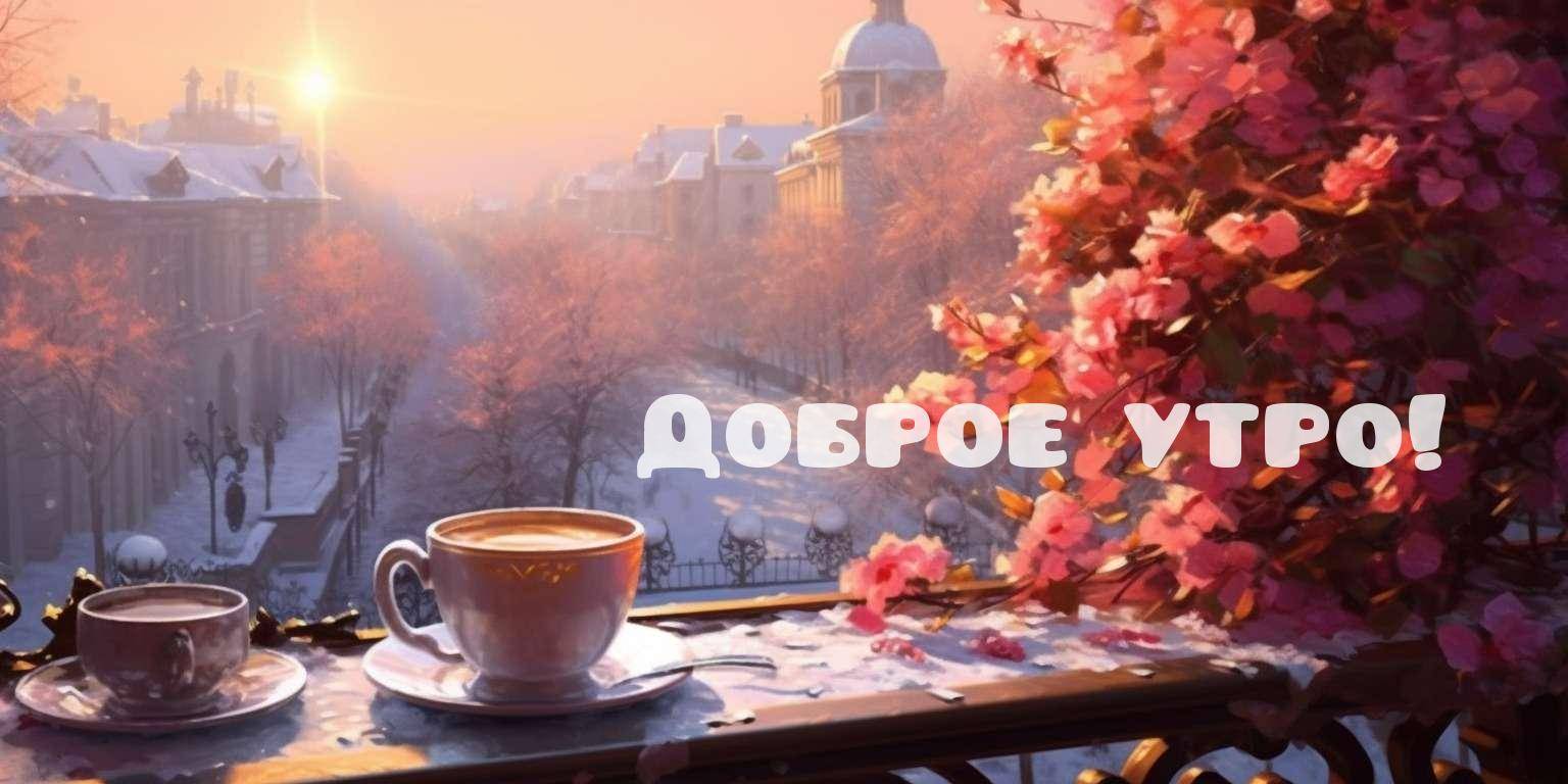Золотой рассвет, город, две чашки кофе на балконе